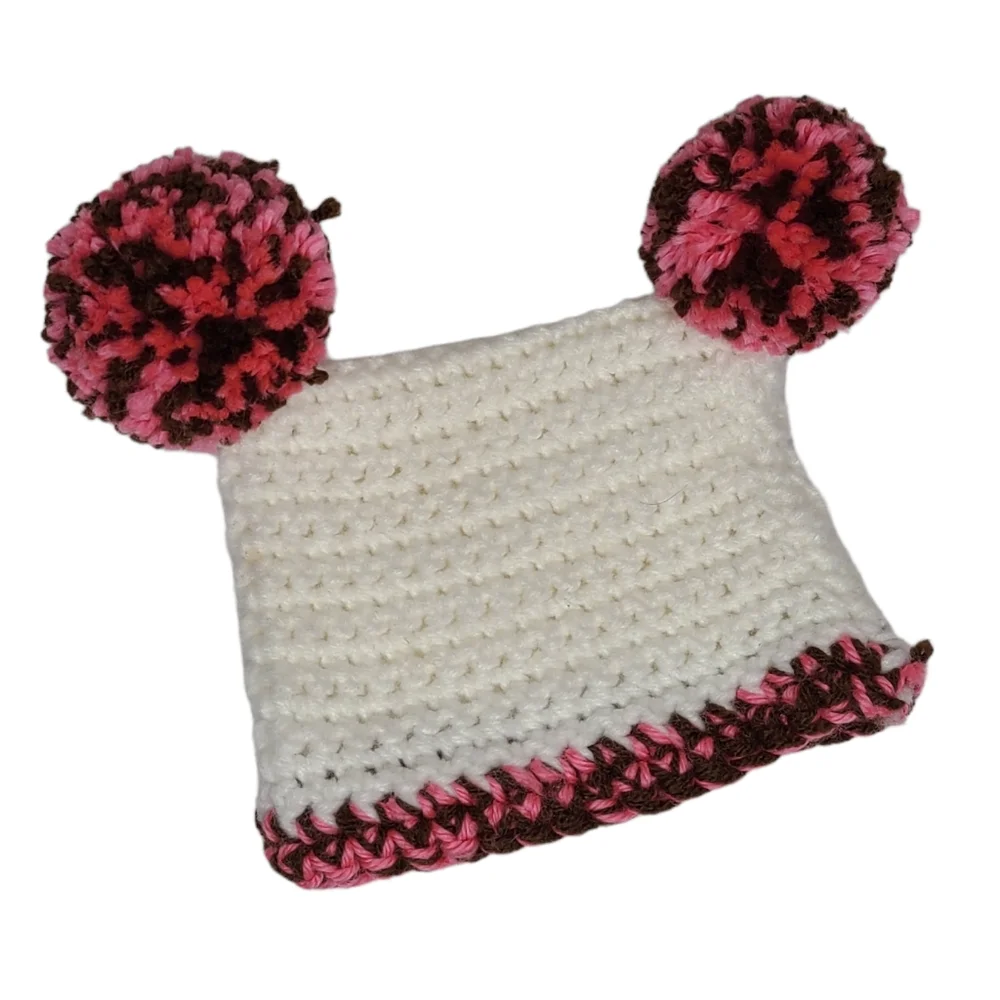 Handmade Knit Toddler Baby Girl Pom Pom Hat Pink White New One Size